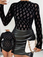 Sexy Sheer Geometric Mesh Ruched Black Bodysuit